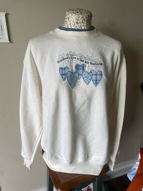 Vintage 90s Granny Core Cream Crewneck Sweater with Blue Heart Motif